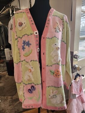Story book knits easter bunny rabbit cardigan xl crochet flowers floral